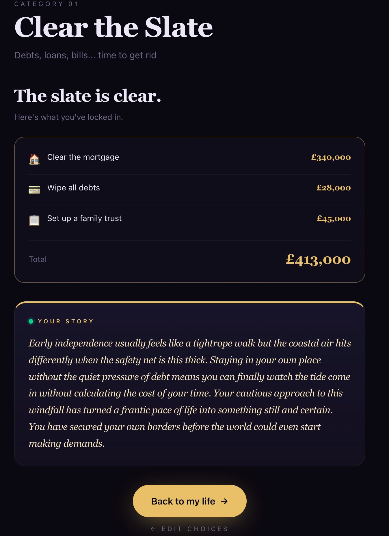 A category summary showing locked-in choices and a personalised 'Your Story' narrative written by the Claude API